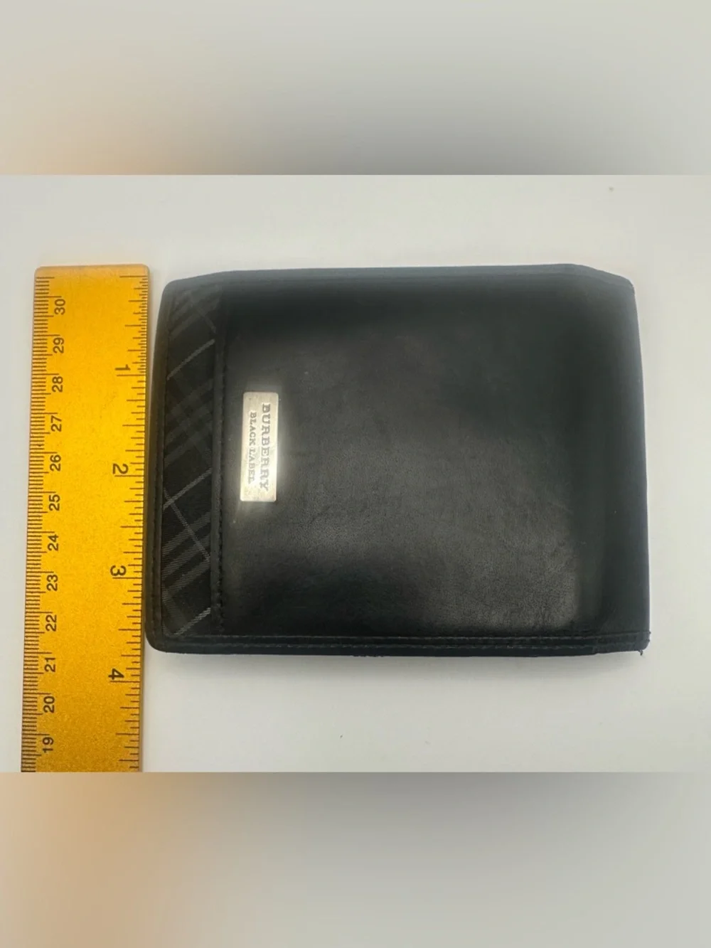 Burberry Black Leather Wallet Bifold Plaid Check Folding Card Coin Black Label